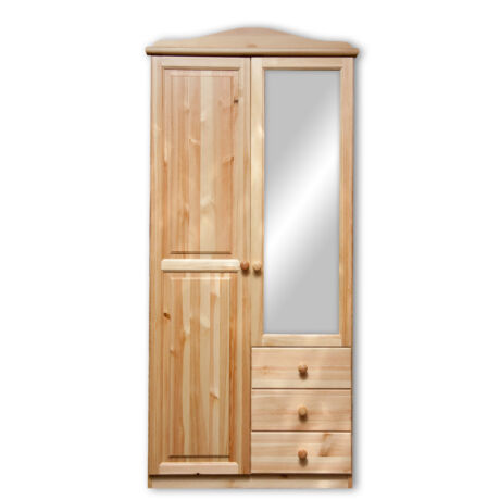 2 ajtós, 3 fiókos, fenyő tükrös szekrény 90x200x57 cm