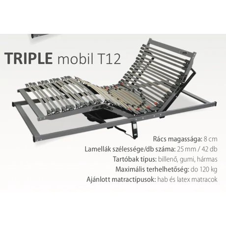Triple Mobil T12 (42)  fej-láb emelős, elektromos, rugalmas ágyrács 70x200